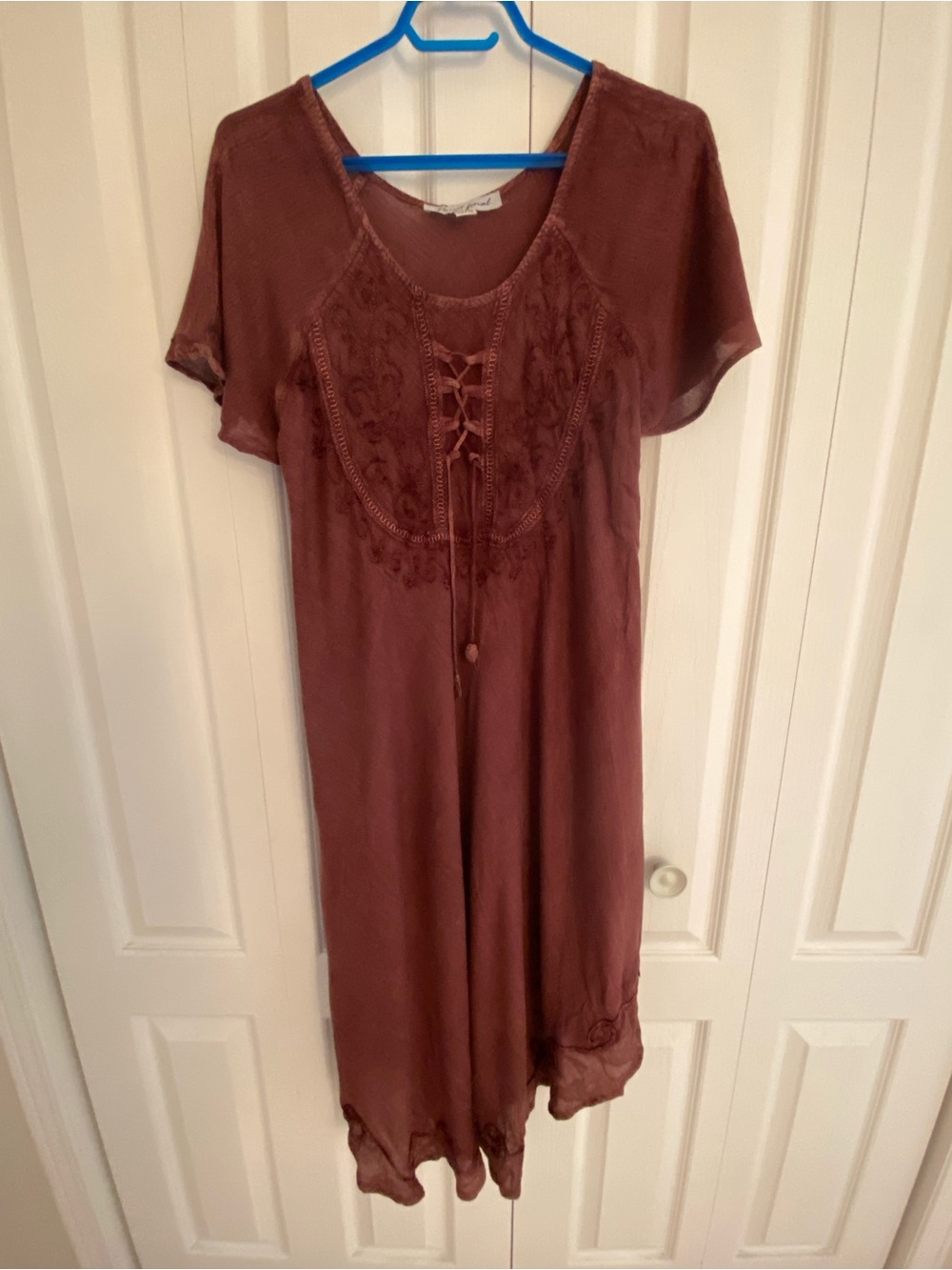 Lace-Up Embroidered Short Sleeve dress- Rust